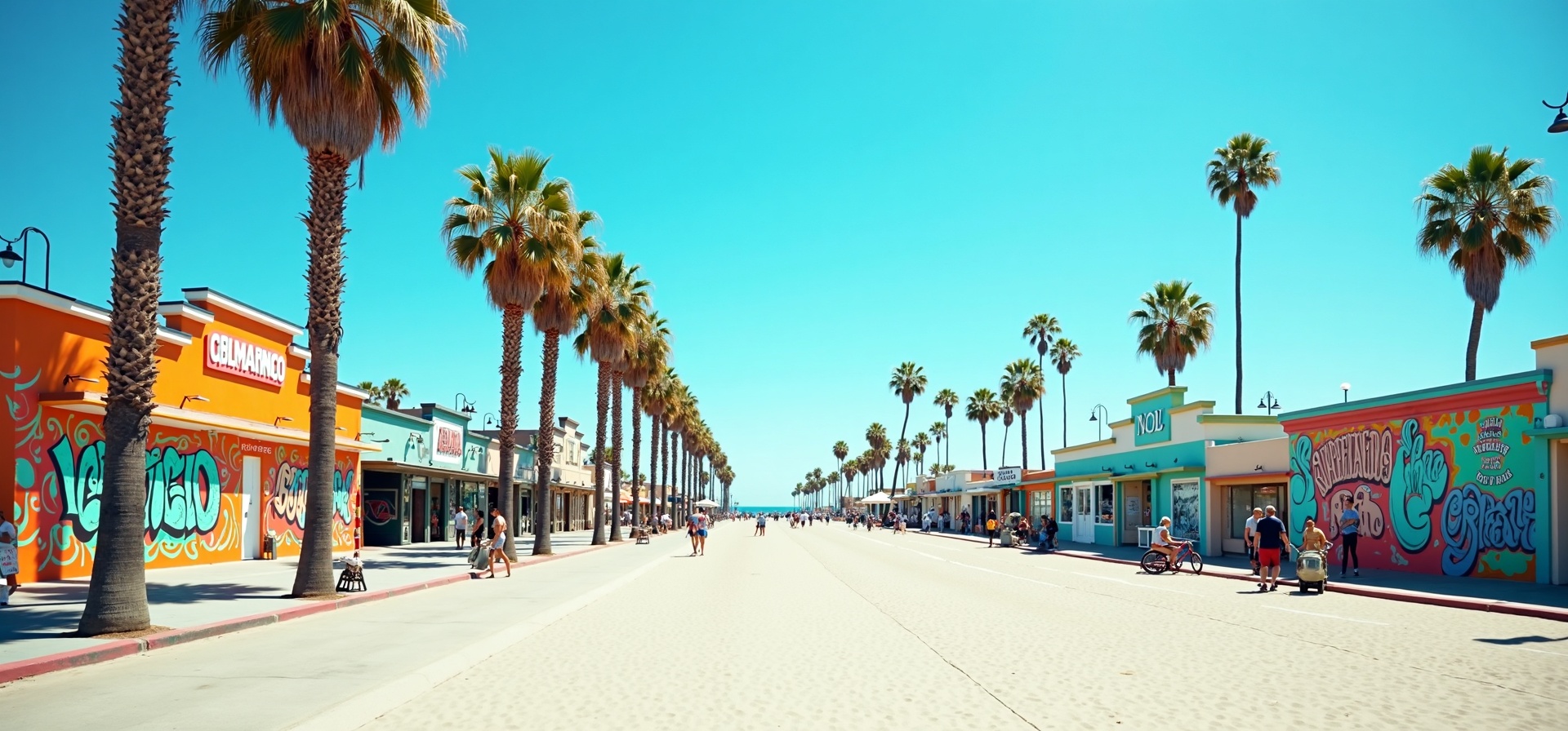 Venice Beach boardwalk colorful scene auto glass service area