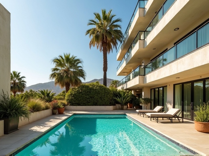West Hollywood modern apartment building auto glass service area