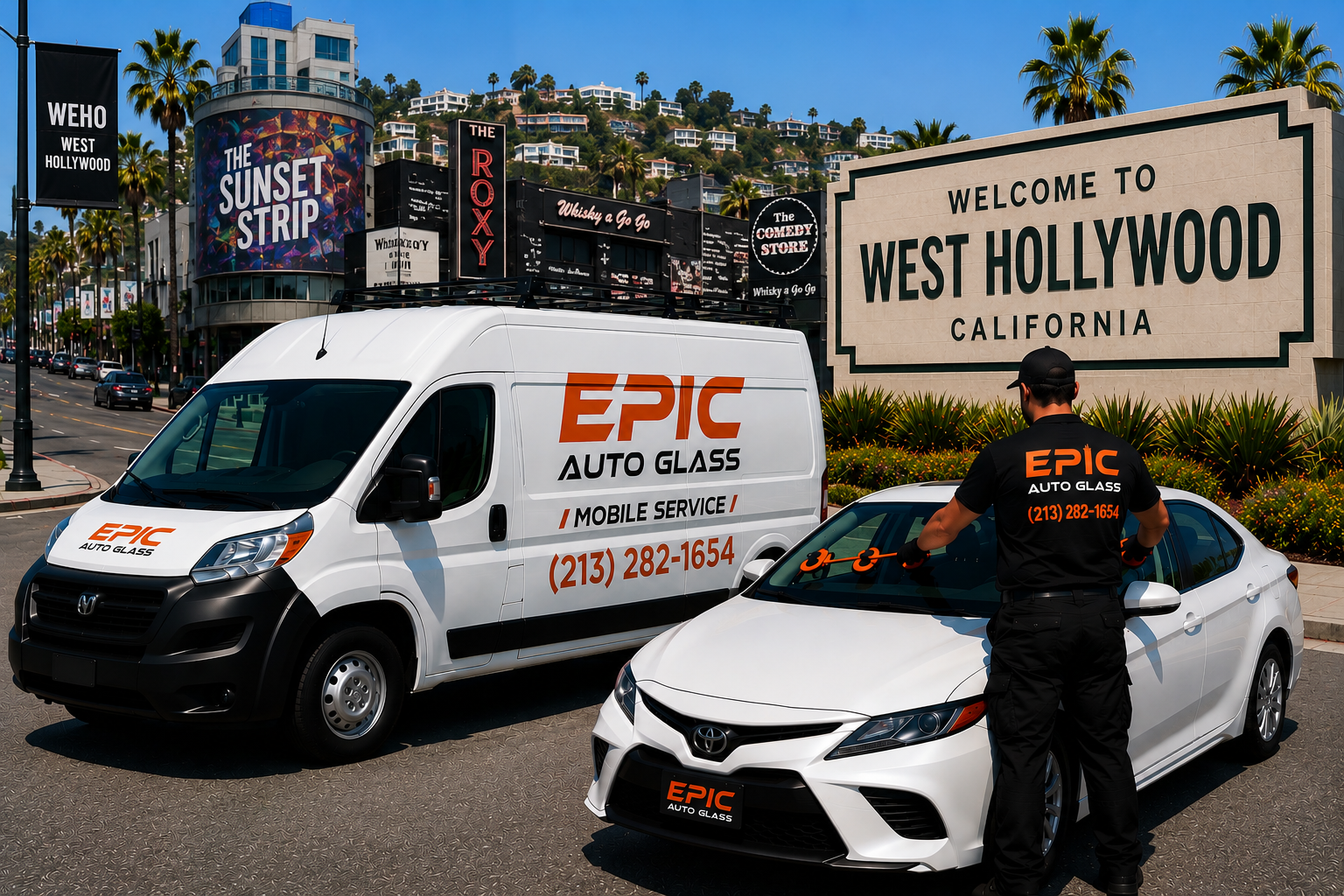West Hollywood trendy urban street auto glass service area