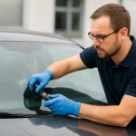 Auto glass technician repairing a cracked car windshield using professional windshield repair tools.
