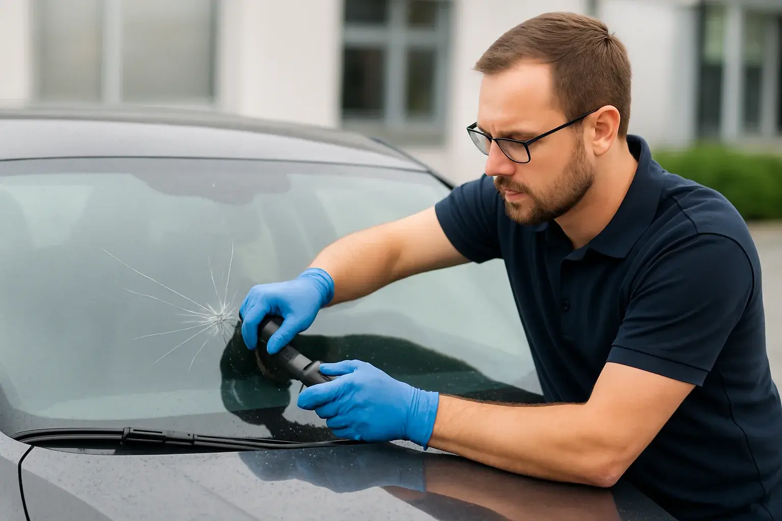 Auto glass technician repairing a cracked car windshield using professional windshield repair tools.