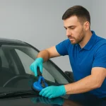 A professional auto glass technician wearing gloves and using a tool to replace or repair a windshield on a car.
