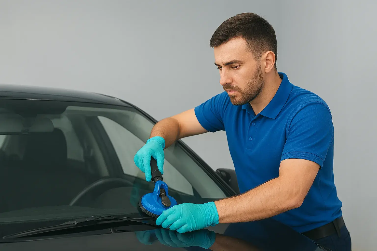 A professional auto glass technician wearing gloves and using a tool to replace or repair a windshield on a car.